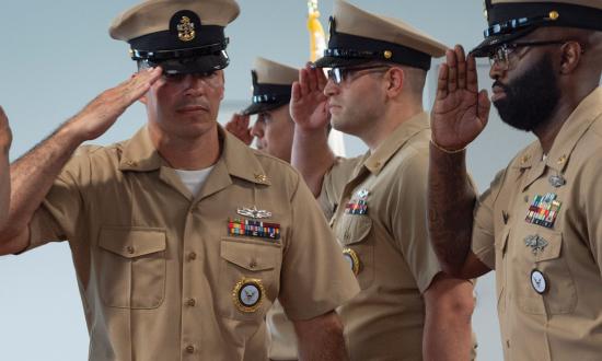 The Navy needs innovation to maintain superiority, but innovation cannot exist without bold sailors who are willing to embrace risk and face failure. Here, a new chief petty officer is saluted during a pinning ceremony.