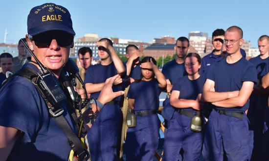 A boatswain’s mate instructs swabs on board the USCGC Eagle (WIX-327) during training in August 2023. The Coast Guard recognizes the unique role of its boatswain’s mates, commonly lauded as “the leadership rating,” and permits them to serve as officers-in-charge of smaller independent units. 