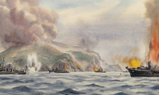 February 1945: The recapture of Corregidor is underway as minesweepers clear a pathway off the Bataan Peninsula. Despite Army air cover overhead, enemy shore guns will sink minesweeper YMS-48 and damage two destroyers—including the USS Fletcher, which is saved by a water tender’s selfless courage.