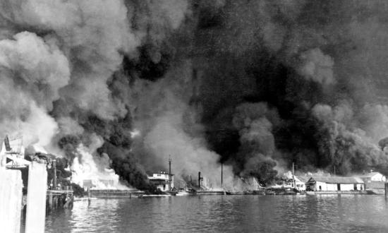Flames engulf Cavite Navy Yard in Manila Bay on 10 December 1941