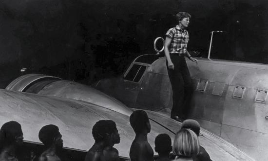 Amelia Earhart alighting from her Electra at Lae