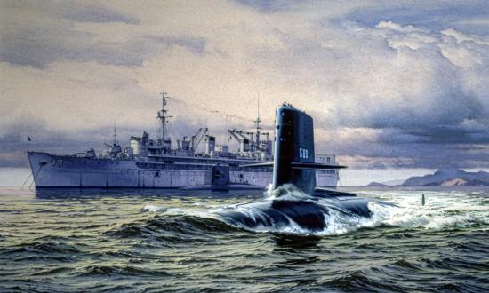 Watercolor by Carl G. Evers of the USS Scorpion (SSN-589) departing from anchored USS Orion (AS-18)