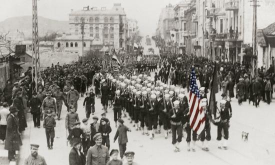 In 1919, USS Albany sailors parade through Vladivostok, Siberia.