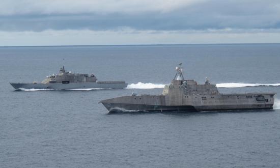 he first of class littoral combat ships USS Freedom (LCS-1), left, and USS Independence (LCS-2), maneuver together during an exercise