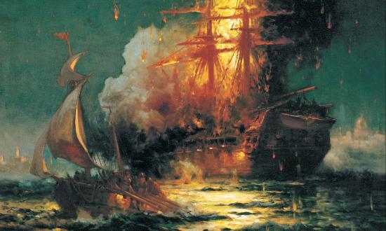 Edward Moran's Burning of the frigate Philadelphia in the harbor of Tripoli.