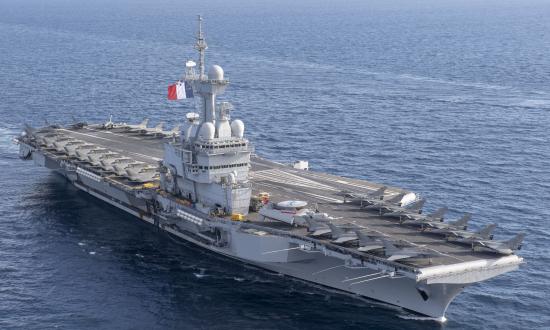 Aerial starboard bow view of the French Aircraft Carrier Charles de Gaulle