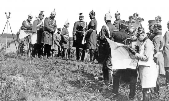 Kaiser Wilhelm II and the German General Staff attend an army maneuver in 1913.
