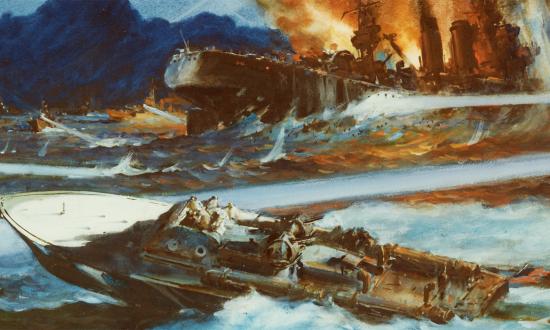 A print of a World War II combat art painting by James Sessions depicting Lieutenant John D. Bulkeley torpedoing a Japanese freighter of Bataan.