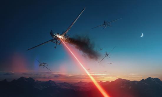 Concept art of a directed-energy weapon shooting down a UAV