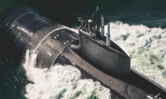 The USS Delaware (SSN-791) underway in the North Atlantic.