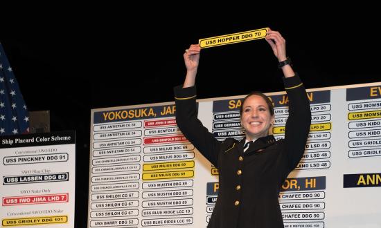 On ship selection night 2020, this first class midshipman celebrates her chosen ship, the USS Hopper (DDG-70). A renewed emphasis on professionalism and rigorous training for junior officers in recent years has increased the desire among midshipmen to want to be surface warfare officers. 