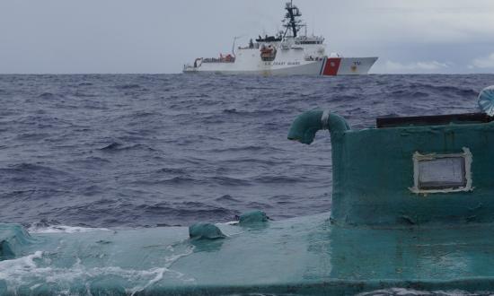 The USCGC Waesche (WMSL-751) intercepts a self-propelled semisubmersible in international waters off the East Pacific Ocean in November 2023.