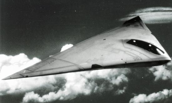 Aerial air-to-air right side view of the Grumman A-12 Avenger II in flight