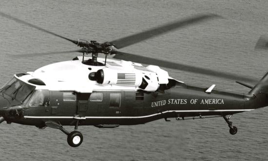 A VH-60N White Hawk in flight. The aircraft was known as a “White Top” because of its livery.