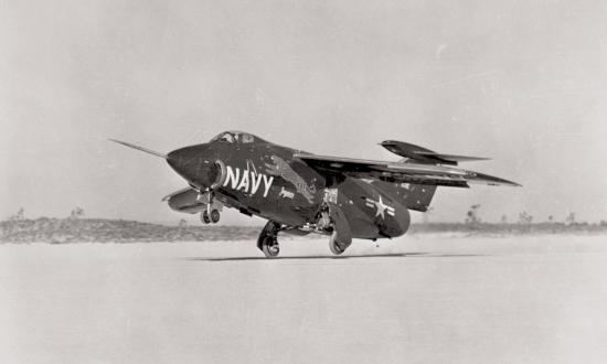 The XF10F-1 Jaguar taking off. The variable-sweep-wing aircraft was an unsuccessful but important experimental design.