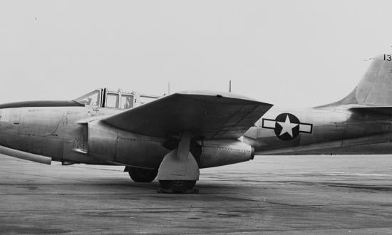 A P-59 at rest. Note the tricycle landing gear common on Bell-produced piston-engine fighters—the P-39 Airacobra and P-63 Kingcobra, both of which were in combat in World War II.