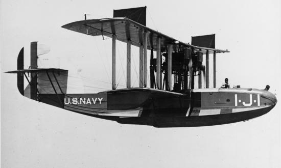 An F-5L from Utility Squadron 1. Note the open cockpits. The tail has red, white, and blue stripes; on the upper wing surfaces are white stars with red center circles on blue circles