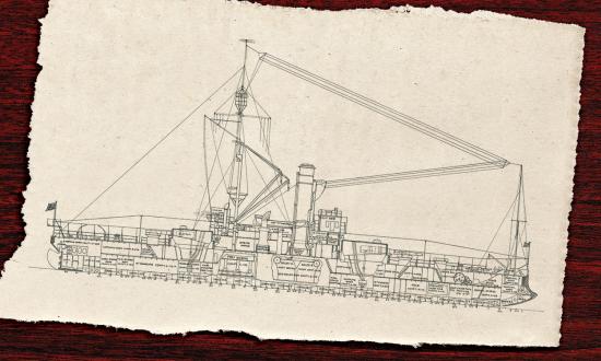 A cutaway drawing of the Monterey’s starboard side showing the ship’s various spaces. Note the shading at the bow indicating her substantial ram.