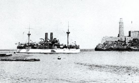 Passing Morro Castle, the Maine enters Havana Harbor on 25 January 1898. She was destroyed by an explosion there some three weeks later, on 15 February.