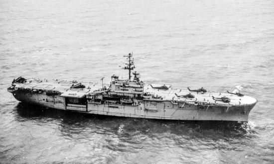 Aerial starboard view of USS Iwo Jima (LPH-2) stadning off the Mekong Delta