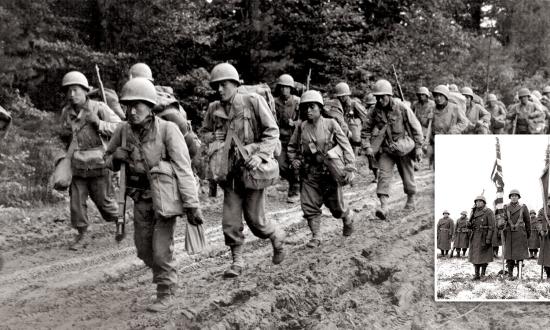 Infantrymen of the U.S. Army 442nd Regimental Combat Team hike up a muddy road in the Chambois Sector, France, on 14 October 1944. Some Japanese Americans were permitted to join the military in segregated units, of which the 442nd was among the most famous. Inset: Two color guards and color bearers of the 442nd stand at attention, while their citations are read in the Bruyeres area, France, where many of their comrades fell.