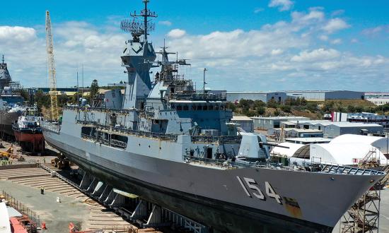 The Australian government has dedicated the largest portion of its Integrated Investment Program  to shipbuilding and ship repair. Here, HMAS Parramatta arrives at Henderson Shipyard in Western Australia to begin her Anzac Midlife Capability Assurance Program upgrades. 