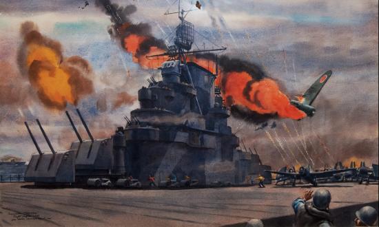 Watercolor of a kamikaze in flames careening towards a the deck of the aircraft carrier USS Hornet (CV-12)