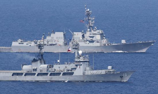 The destroyer USS Dewey (DDG-105) steams in formation with the Philippine Navy offshore patrol vessel Gregorio del Pilar during a bilateral sail in the South China Sea. Joint exercises are one way of revitalizing the U.S.-Philippine alliance.