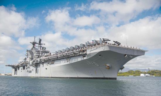 The amphibious assault ship USS America (LHA-6) and its amphibious ready group (ARG) are moored at Joint Base Pearl Harbor-Hickam