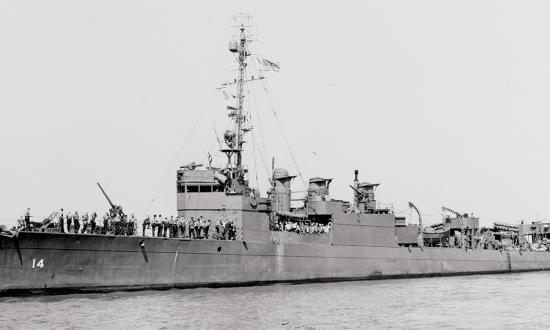 The USS Zane in her World War II configuration as the minesweeper DMS-14. Note the three smoke stacks, instead of the four she had when built.