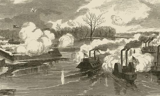 In this illustration done for Harper’s Weekly, several unidentified ironclad and timberclad gunboats participate in the attack on Fort Henry, Tennessee, in February 1862.