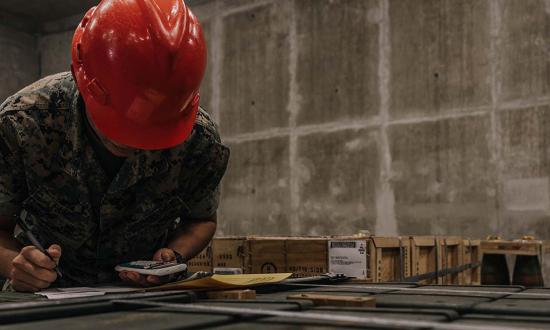 An ammunition technician with 1st Supply Battalion, 1st Marine Logistics Group, inventories ammunition at Camp Pendleton, California. The Marine Corps must remake the intelligence support provided to its logistics combat elements.