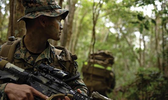Commanding and controlling combat Marines within the first island chain does not require large command posts also located inside the enemy’s weapon engagement zone. Here, Marines with the 12th Littoral Regiment conduct patrol exercises at Camp Hansen, Okinawa, Japan.