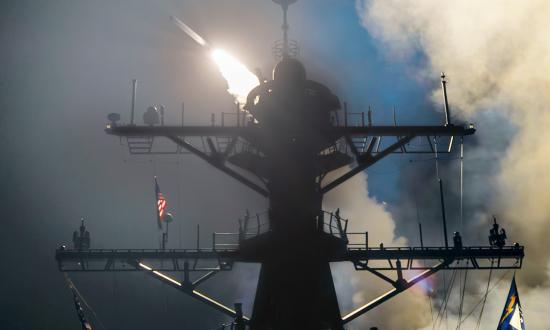 The USS Gravely (DDG-107) launches  missiles in response to Houthi attacks on 12 January 2024. 