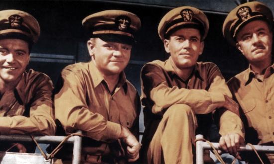 From left: Jack Lemmon, James Cagney, Henry Fonda, and William Powell in 1955’s tragicomic Mister Roberts, one of the most beloved Navy movies ever.