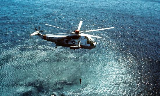 Air-to-air right side view of a Navy SH-3D Sea King  helicopter assigned to Helicopter Anti-Submarine Squadron 84 during flight operations.