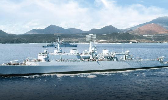 Ships of the Royal Navy task force assembled off Ascension Island