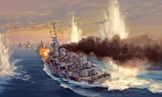 Shell splashes surround the USS Johnston in Jack Fellows' painting "Into Harms Way"