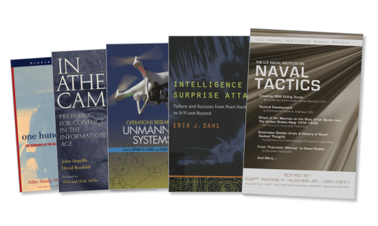 Spread of book covers for One Hundred Days: The Memoirs of the Falklands Battle Group Commander, Operational Research for Unmanned Vehicles, and the U.S. Naval Institute on Tactics