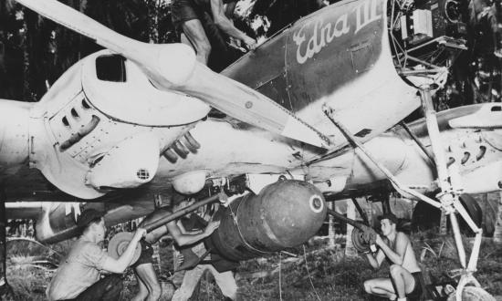 An Interstate TDR-1 assault drone being prepared for a raid on Rabaul in the Solomon Islands in 1944. Teamed with Avenger torpedo bombers—in a concept similar to the “loyal wingman” idea being developed today—the drones dropped more than 2,000 bombs on Japanese troops in September and October 1944.