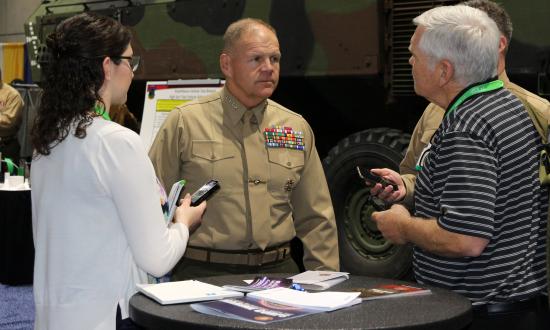 Commandant of the Marine Corps Gen. Robert B. Neller speaks to media in front of the Amphibious Combat Vehicle (ACV) during a visit to San Diego, Calif., Feb. 15, 2019