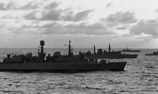 The Royal Navy fleet en route to the Falkland Islands, ca. 1982. The intelligence indicators learned from the Falklands War can be applied to events today in the South China Sea and Taiwan Strait.