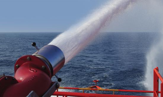 Powerful shipboard firefighting monitors can operate with flow rates in the vicinity of 16,000 gallons per minute, generating nozzle pressures and forces capable of knocking down or destroying drones with seawater.
