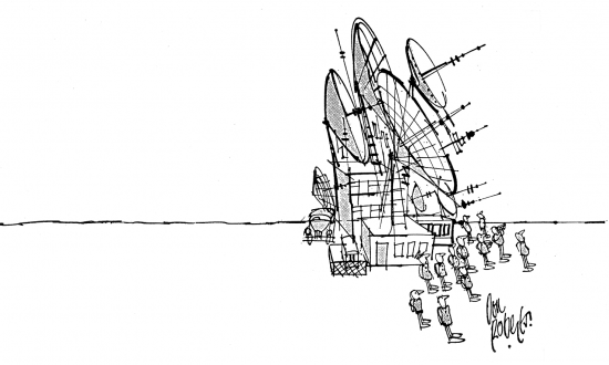Cartoon by Don Roberts showing missile coming up behind an array of sensor dishes