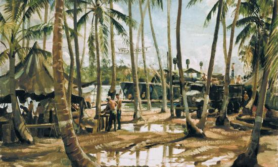 Todd City, the PT-boat base that garnered fame from its association with John F. Kennedy’s wartime heroics, is depicted in Naval Reserve Lieutenant Commander William F. Draper’s 1944 watercolor.