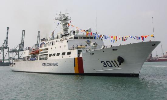 Surface starboard bow view of the Republic of Korea Coast Guard training vessel Bodaro