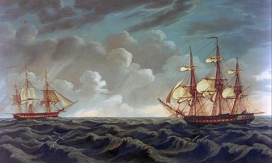 Painting of Constitution engaging Guerriere by Michel Cornè
