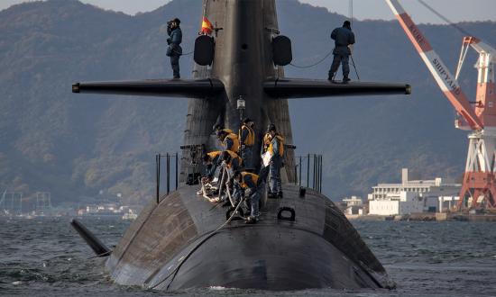 The Sōryū-class submarine Sekiryu departs the JMSDF Kure Naval Base, Japan.