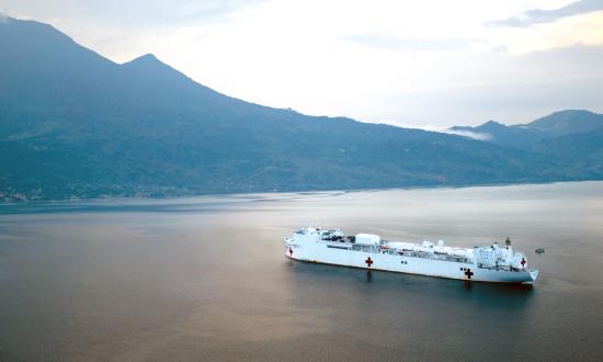  The hospital ship USNS Comfort (T-AH-20) anchored off the coast of Honduras during Enduring Promise 18