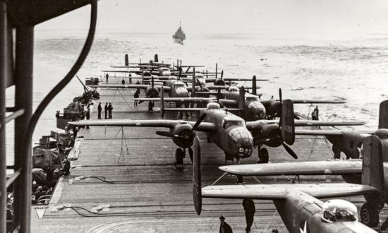 B-25 bombers on the deck of the aircraft carrier Hornet during the Doolittle Raid